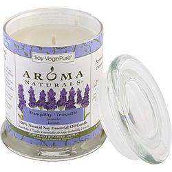 TRANQUILITY AROMATHERAPY by Tranquility Aromatherapy-ONE 3.7x4.5 inch MEDIUM GLASS PILLAR SOY AROMATHERAPY CANDLE.  THE ESSENTIAL OIL OF LAVENDER IS KNOWN FOR ITS CALMING AND HEALING BENEFITS.  BURNS APPROX. 45 HRS.