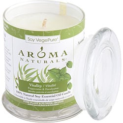 VITALITY AROMATHERAPY by Vitality Aromatherapy - ONE 3x3.5 inch MEDIUM GLASS PILLAR SOY AROMATHERAPY CANDLE. USES THE ESSENTIAL OILS OF PEPPERMINT & EUCALYPTUS TO CREATE A FRAGRANCE THAT IS STIMULATING AND REVITALIZING.  BURNS APPROX. 45 HRS.