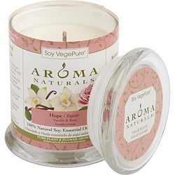 HOPE AROMATHERAPY by Hope Aromatherapy - ONE 3x3.5 inch MEDIUM GLASS PILLAR SOY AROMATHERAPY CANDLE.  COMBINES THE ESSENTIAL OILS OF VANILLA & ROSE. BURNS APPROX. 60 HRS.