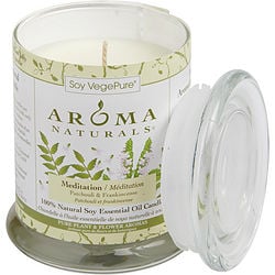 MEDITATION AROMATHERAPY by Mediation Aromatherapy - ONE 3.7x4.5 inch MEDIUM GLASS PILLAR SOY AROMATHERAPY CANDLE.  COMBINES THE ESSENTIAL OILS OF PATCHOULI & FRANKINCENSE TO CREATE A WARM AND COMFORTABLE ATMOSPHERE. BURNS APPROX. 45 HRS.