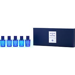 ACQUA DI PARMA BLUE MEDITERRANEO VARIETY by Acqua di Parma - 5 PIECE VARIETY WITH ARANCIA DI CAPRI & BERGAMOTTO DI CALABRIA & FICO DI AMALFI & MIRTO DI PANAREA & MANDORLO DI SICILIA AND ALL ARE EDT 0.17 OZ MINI